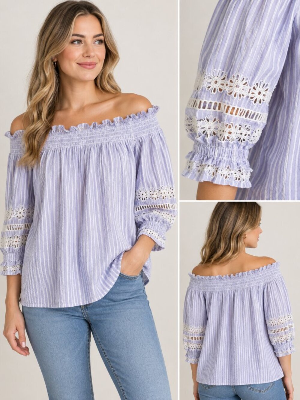 PRIMARK Size 6 Blue/White off shoulder top, crochet sleeves
